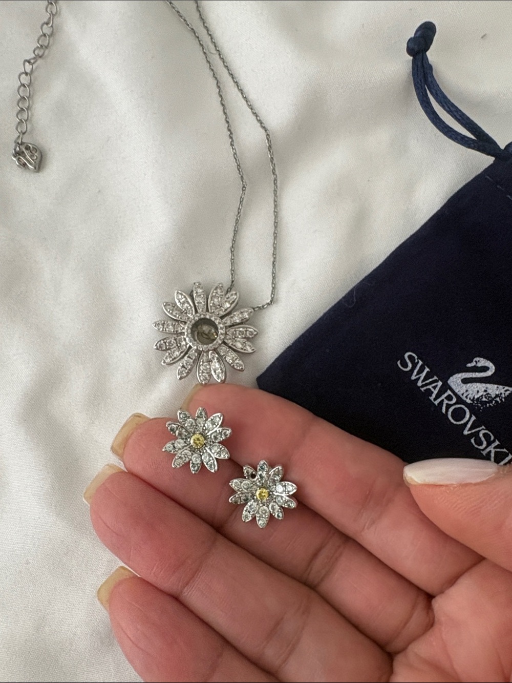 Swarovski Silver Floral Crystal Necklace and Stud Earrings with Yellow Centers